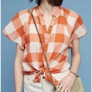 Anthropologie Maeve Buffalo Check Plaid Top Large Orange White Flutter Sleeve